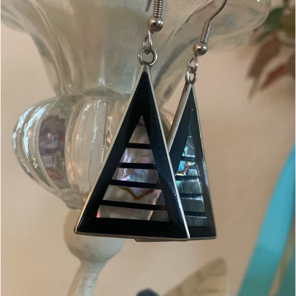 Silver, Abalone Triangle Drop Earrings. - Picture 3 of 8